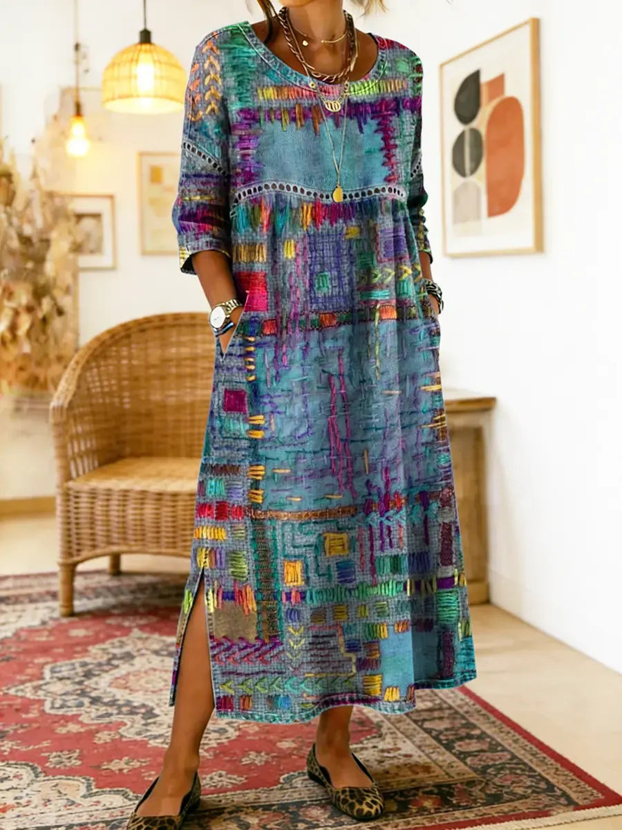 Manuela - Vestido Denim com Patchwork Étnico