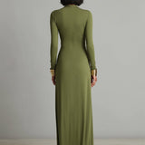 Liliana - Vestido Comprido de Seda Verde Oliva com Decote em V