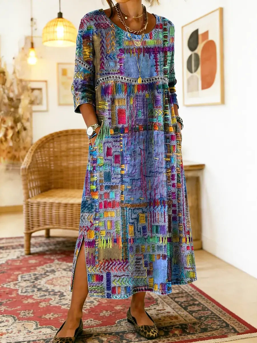 Manuela - Vestido Denim com Patchwork Étnico