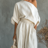 Cristina - Conjunto de Linho Off-Shoulder com Calças