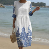 Bianca - Vestido Comprido de Gola Redonda com Estampa