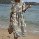 Ana - Vestido Médio com Estampa de Plantas e Flores