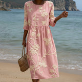 Paula - Vestido Médio com Estampado de Plantas e Flores