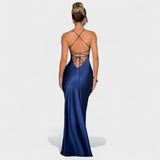 Helena - Vestido de cetim azul meia-noite