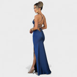Helena - Vestido de cetim azul meia-noite