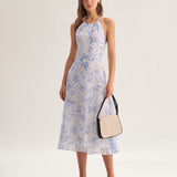 Clarice - Vestido Médio Azul Floral