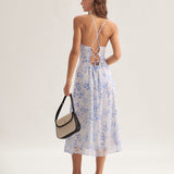 Clarice - Vestido Médio Azul Floral